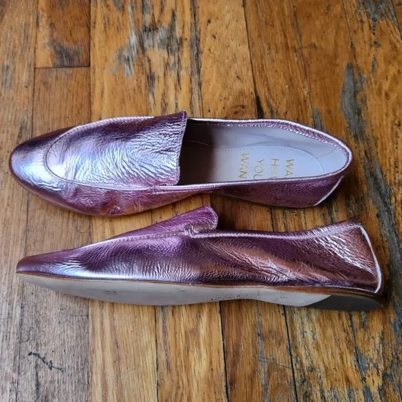 ZVELLE V Metallic Pink Crinkle Leather Moccasin Loafers