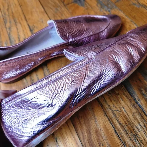 ZVELLE V Metallic Pink Crinkle Leather Moccasin Loafers